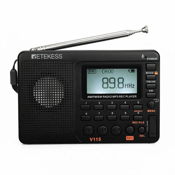 RETEKESS V115 راديو FM AM SW أجهزة الراديو المحمولة AM FM قابلة للشحن بطاريات الراديو على الموجات القصيرة موجة كاملة USB مسجل المتكلم